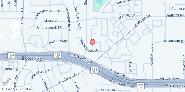 Map showing First UMC Bedford at 2012 Shady Brook Dr., Bedford, TX