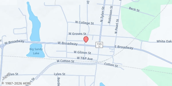 Map showing Big Sandy Agape House Ministry at 112 W. Broadway St., Big Sandy, TX