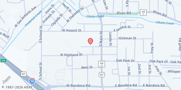 Map showing St. Peter the Apostle Catholic Church - St. Vincent de Paul at 202 W. Kronkosky St., Boerne, TX