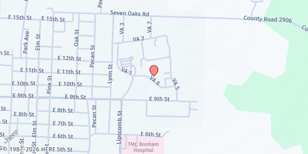 Map showing Sam Rayburn Memorial Veterans Center at 1201 E. 9th St., Bonham, TX