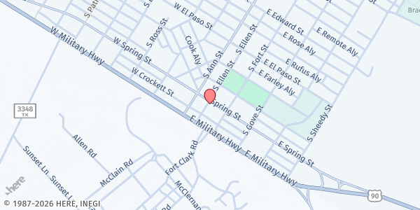 Map showing Kinney County Food Pantry at 201 East Spring Street, Brackettville, TX