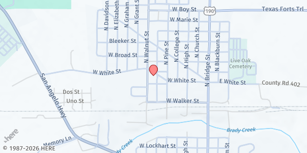 Map showing McCulloch County Hunger Coalition at 603 W. White St., Brady, TX