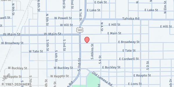 Map showing Brownfield First Baptist Church Food Pantry at 200 E Broadway, Brownfield, TX