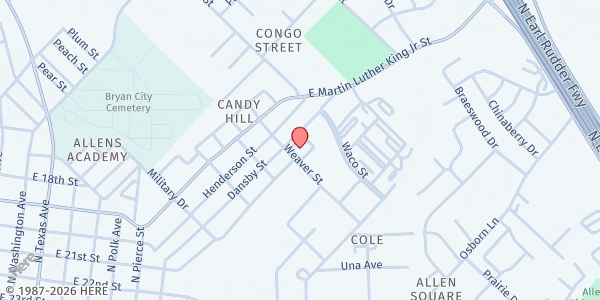 Map showing New Zion Missionary Baptist Food Pantry at 1505 Dansby St., Bryan, TX