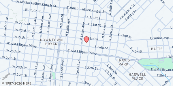 Map showing The Bridge Ministries at 408 E. 24th St., Bryan, TX