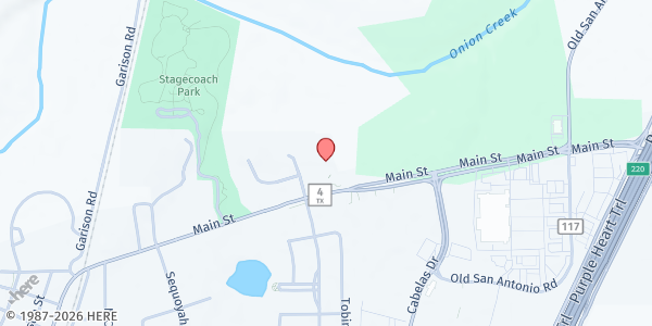 Map showing Santa Cruz Catholic Church at 1100 Main St., Buda, TX