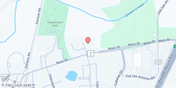 Map showing Santa Cruz Catholic Church (SVdP) at 1100 Main St., Buda, TX