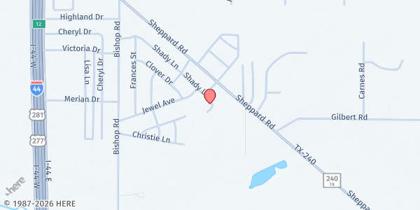 Map showing Pioneer Crossing Burkburnett Seniors at 1406 Shady Ln., Burkburnett, TX