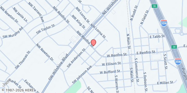 Map showing FBC Promises Community Ministry at 140 NW Renfro St., Burleson, TX