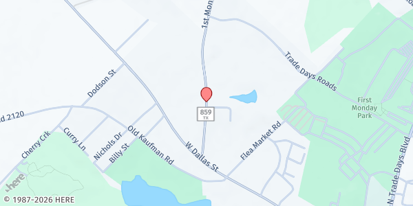 Map showing Crossroads Church at 800 First Monday Lane, Canton, TX