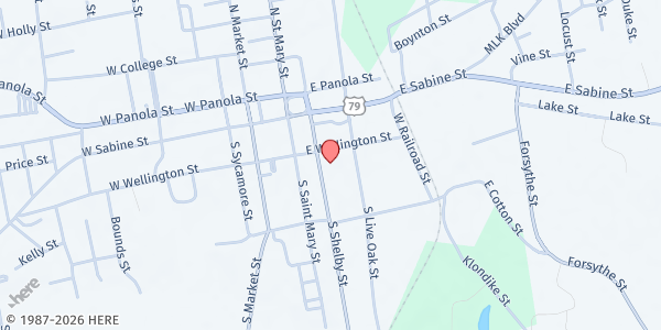 Map showing First Methodist Church at 201 S. Shelby, Carthage, TX