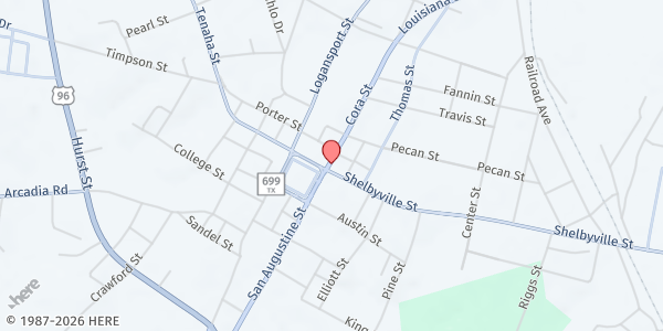 Map showing First Baptist Church Center at 117 Cora St., Center, TX