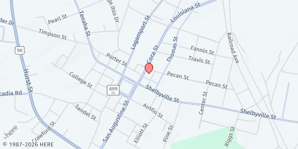 Map showing First Baptist Church at 117 Cora St., Center, TX