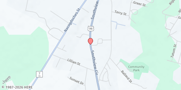 Map showing Huxley Helping Hands/Hillcrest Baptist Church at 901 South View Circle, Center, TX