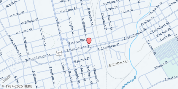 Map showing Westhill Church of Christ at 401 E Henderson, Cleburne, TX
