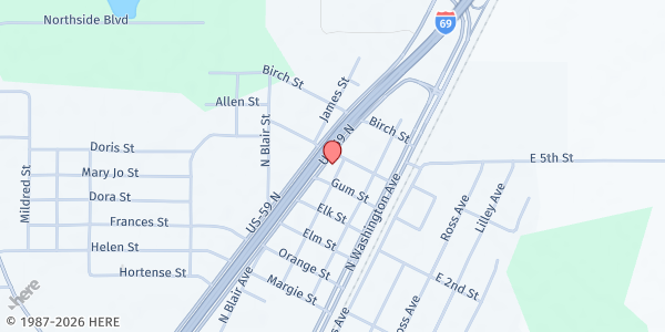 Map showing Bethel Family Worship Center at 301 Hickory St., Cleveland, TX