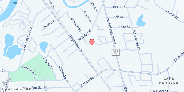 Map showing Interfaith Food Bank - The Food Basket at 1 Wesley Dr, Clute, TX