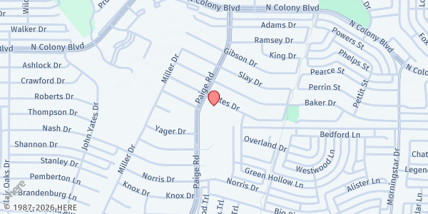 Map showing North Colony Church of Christ at 6404 Paige Rd., The Colony, TX
