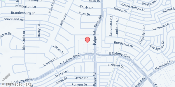 Map showing NTX Community Food Pantry at 5201 S. Colony Blvd. Suite 650, The Colony, TX