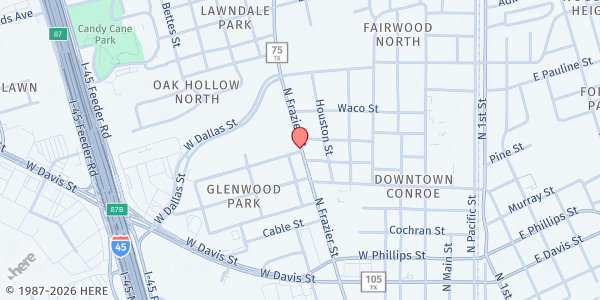 Map showing Good Shepherd Mission at 907 N Frazier St, Conroe, TX