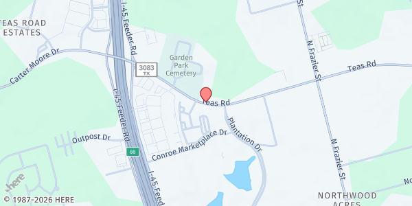 Map showing New Horizon Church of the Nazarene at 1201 N. FM 3083 East, Conroe, TX