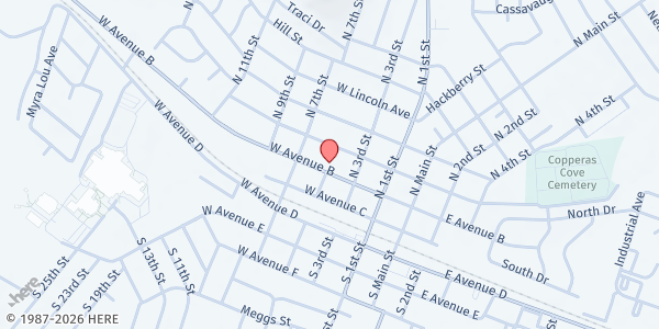 Map showing Baptist Benevolence Ministry at 300 W. Avenue B, Copperas Cove, TX