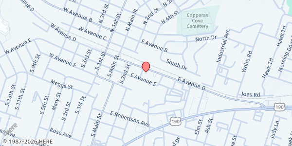 Map showing Five Hills Assembly of God at 304 East Avenue D, Copperas Cove, TX