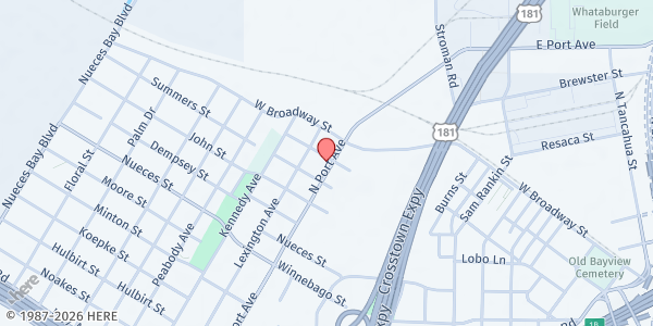 Map showing Brooks Worship Center at 2101 N. Port Ave., Corpus Christi, TX