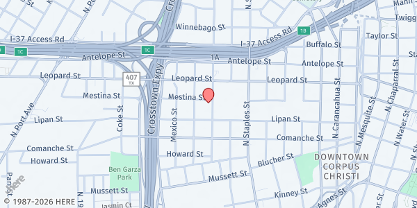 Map showing Mother Teresa Shelter at 513 Sam Rankin St., Corpus Christi, TX