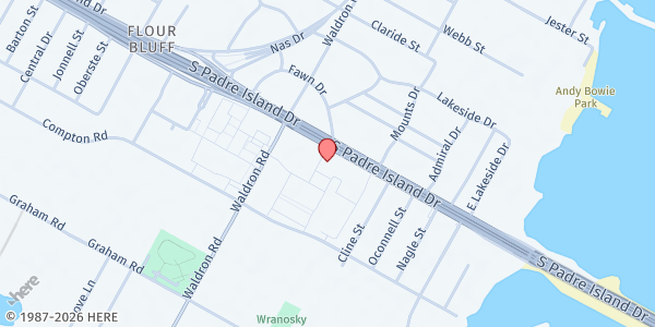 Map showing Timons Ministries at 10501 S. Padre Island Dr., Corpus Christi, TX