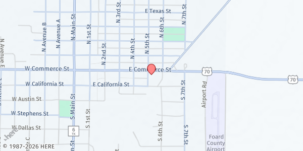 Map showing Produce Express - Christian Outreach Ministries at 609 E Commerce St, Crowell, TX