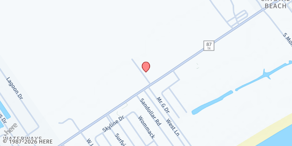 Map showing Bay Vue UMC at 1411 TX-87, Crystal Beach, TX