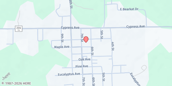 Map showing Cushing Food Pantry at 617 Spruce Ave., Cushing, TX