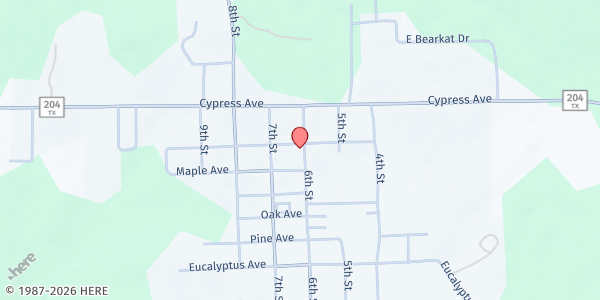 Map showing Cushing Food Pantry at 617 Spruce Ave, Cushing, TX