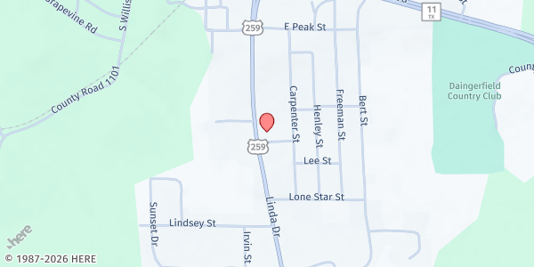 Map showing Church on the Rock at 909 Linda Dr., Daingerfield, TX