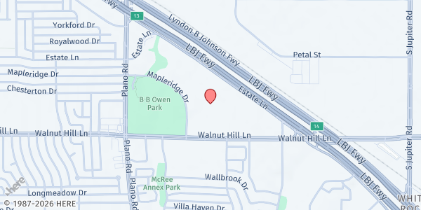 Map showing Highland Oaks Church of Christ at 9400 Plano Rd., Dallas, TX