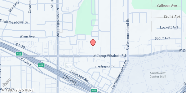 Map showing NEW LIFE CHURCH OF NTX at 4107 CAMP WISDOM #225, DALLAS, TX