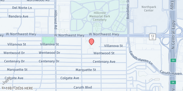 Map showing Northway Christian Church at 7202 W. Northwest Hwy., Dallas, TX