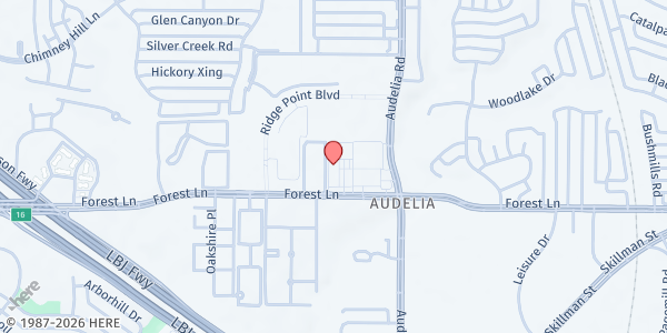 Map showing Praise Embassy at 9759 Forest Ln., Dallas, TX