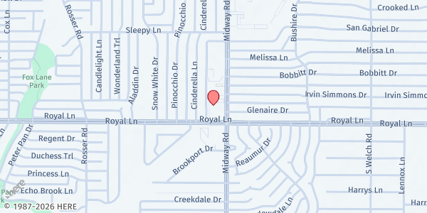 Map showing Primera Church at 4151 Royal Lane, Dallas, TX