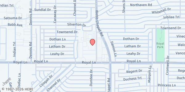 Map showing San Juan Diego Catholic Church at 10919 Royal Haven Ln., Dallas, TX
