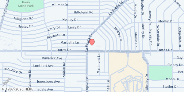 Map showing Shiloh Terrace Baptist Church at 9810 La Prada Dr., Dallas, TX