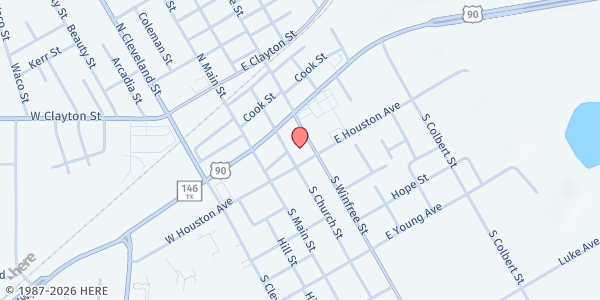 Map showing First Baptist Church of Dayton at 202 E. Houston St., Dayton, TX