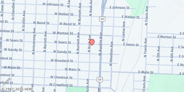 Map showing St. Patrick Catholic Church at 314 N. Rusk Ave., Denison, TX