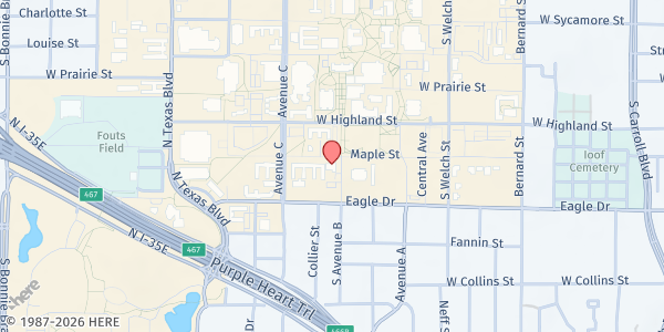 Map showing Denton Wesley Foundation at 1501 Maple St., Denton, TX