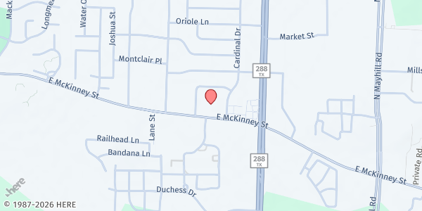 Map showing Singing Oaks Church of Christ Benevolence Ministry at 101 Cardinal Dr., Denton, TX