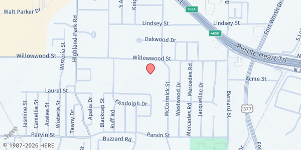 Map showing Willowwood Church of the Nazarene at 1513 Willowwood St., Denton, TX