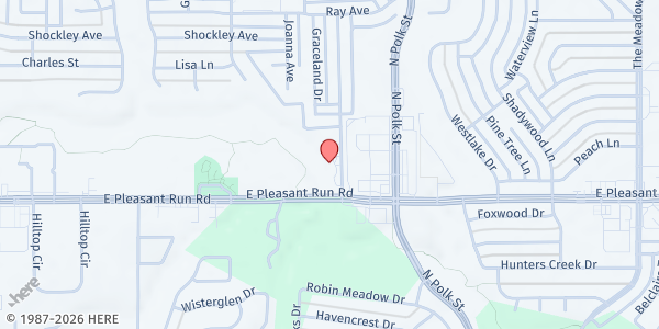 Map showing CrossRoads Covenant Church at 647 E. Pleasant Run Rd., DeSoto, TX