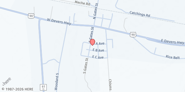 Map showing First Baptist Church Devers at 106 Ave. A, Devers, TX