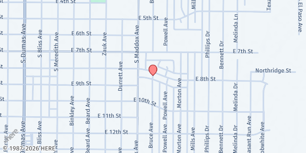 Map showing Dumas Education and Social Ministries Food Pantry at 824 Bruce, Dumas, TX